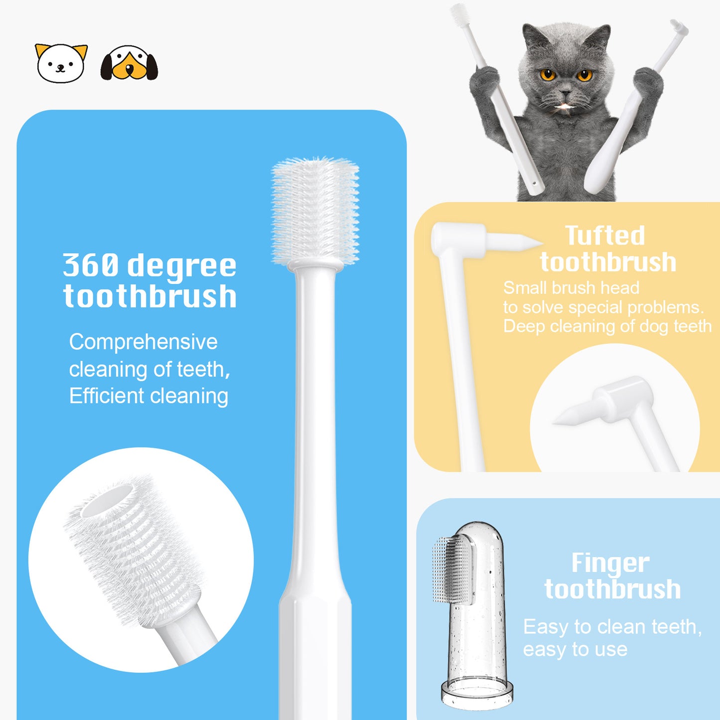 VVHOMIFE Cat Toothbrush Kit, Dog Toothbrush Kit, Suitable for All Cats and Dogs Dental Care. White, Soft Bristles, Meet All Cleaning Needs, Multi-Functional Dental Cleaning (S)